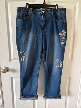 Democracy Dark Blue Boyfriend Jeans with Floral Embroidery